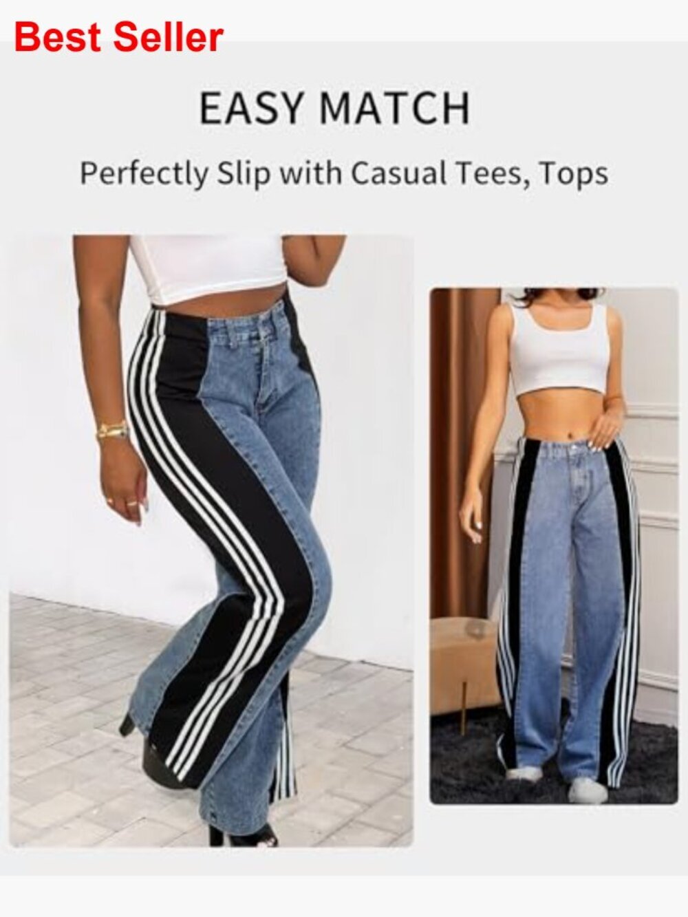 High Waisted Wide Leg Jeans Stretchy Two Tone Denim Pants - Picture 4 of 7